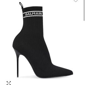 Balmain Women’s Pointed Toe Logo Knit High Heel Ankle Booties